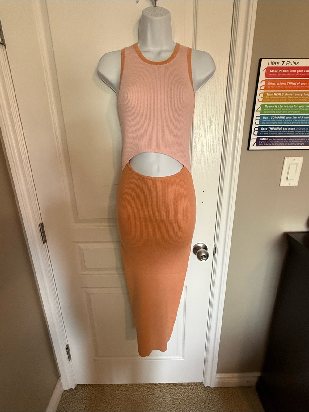 Petal & Pup Two-Tone Pink and Orange Cutout Ribbed Midi Dress
